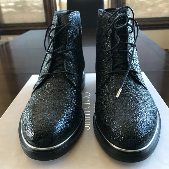 Jimmy Choo Brand new in Box. Crinkled black leather lace up boots booties